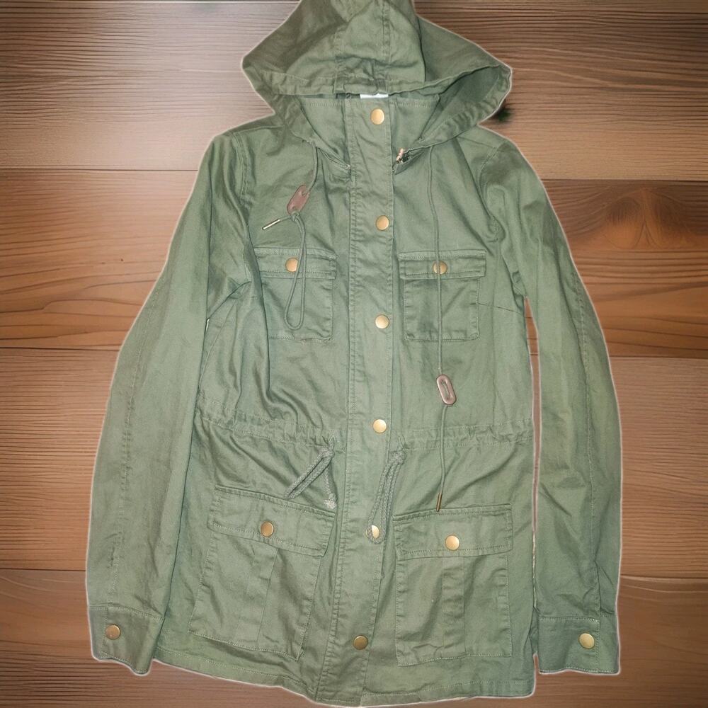 New Market & Spruce Women’s Green Hooded Anorak Jacket XS Zip/Button Pockets Mid